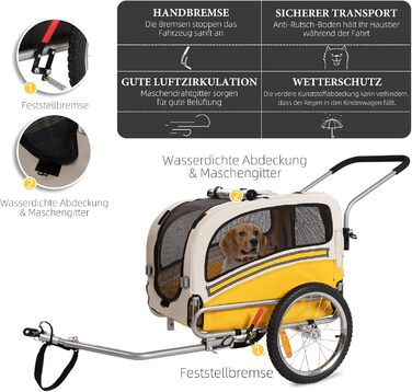 Причеп-перевозник для собак 2-в-1 для велосипеда та бегу - для собак до 30 кг, складний, з гальмами, сигнальним прапорцем, для активного відпочинку та дому, легко збирається (Жовтий)