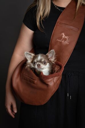 Сумочка для собак Noah & Paw для маленьких собак до 5 кг, з регульованим плечовим ременем та м'яким хутром, 3 системи безпеки, переноска для тварин з веганської шкіри (колір коричневий, розмір L 38 x 15 x 14 см)