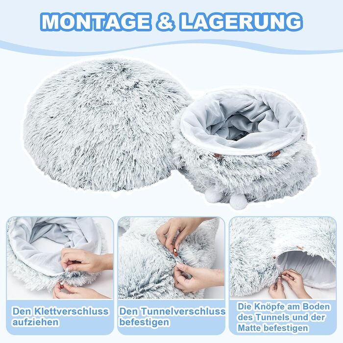 Туннель-іграшка для котів Jiupety з місцем для сну, великий, сірий, з підвісними кульками