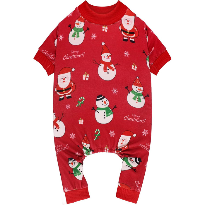 Піжама для собак на Різдво: червоний костюм-піжама для середніх собак (M), еластичний, з малюнком сніговика
