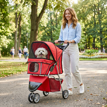 Складаний візок для собак (buggy) з кошиком, подушкою, сітчастим вікном та підстаканником для малих порід до 10 кг, червоний