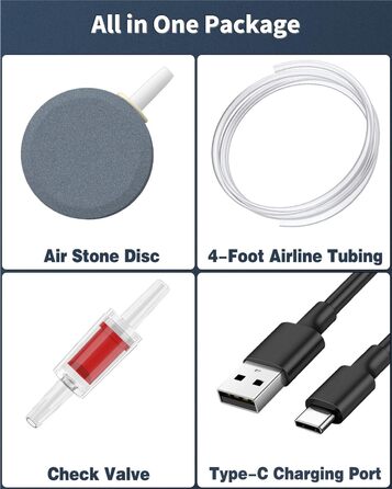Pawfly Акумуляторний повітряний насос для акваріума 1.5W, USB, тиха портативна аераторна помпа для риб, 20-75 л, для риболовлі та аварійного живлення