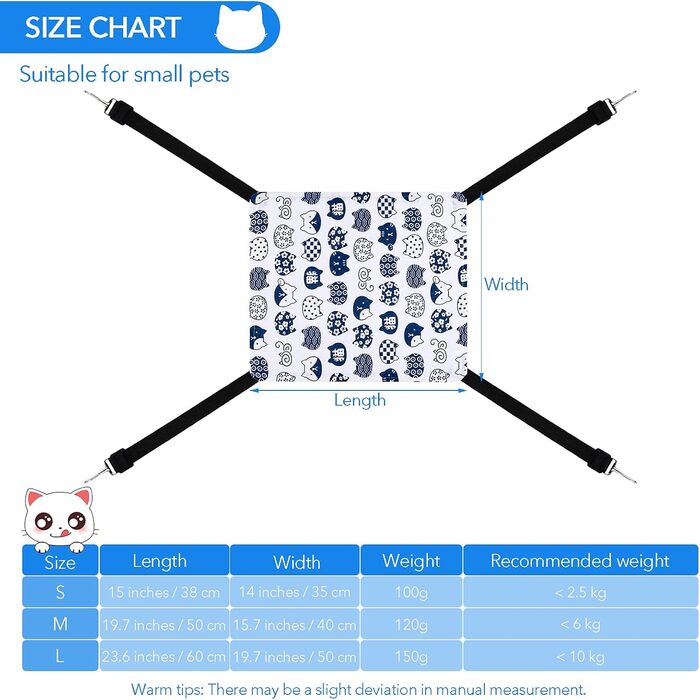 Підвісна лежанка для котів Pedgot, 60x50 см, з регульованими ремінцями та гачками, двостороння, для кліток