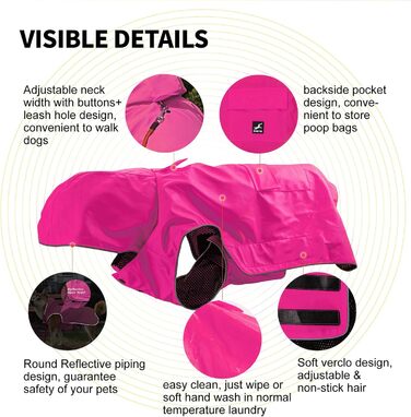 Дощовик для собак, м'який та зручний, з відбиваючими елементами, регульований, легкий в одяганні, отвір для повідка, розміри S - XXXXXL (Рожевий, M)