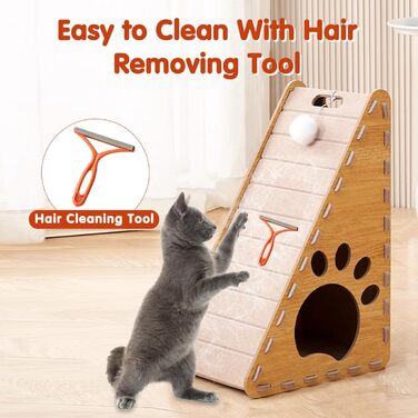 Кігтеточка для котів 3-в-1: дерев'яно-фетрова стінка, ліжко, пандус та іграшки, коричнева