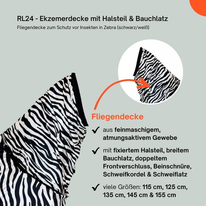 Захисна ковдра для коней Ekzemerdecke з начохолом та животом – від комах, чорно-біла, 155 см