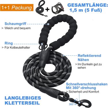 Нашийник для собак Haapaw без натягу, регульований, світловідбиваючий, Оксфорд, зручне керування, середній розмір, міцний поводок в подарунок, чорний (1 шт.)