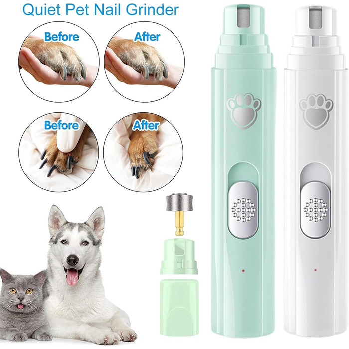 Безшумний шліфувальник для собак 2024, акумуляторний, 2 швидкості, 3 насадки, USB-зарядка, догляд за шерстю, зелений