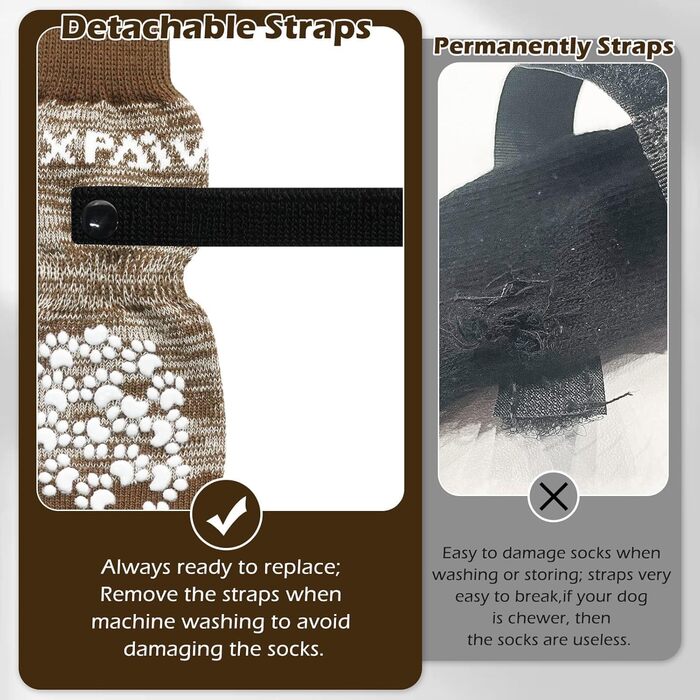 Шкарпетки для собак EXPAWLORER проти слизькості, захист лап, для гарячих доріг, для цуценят, маленьких, середніх, великих собак, 6 шт. (X-small, Коричневий)