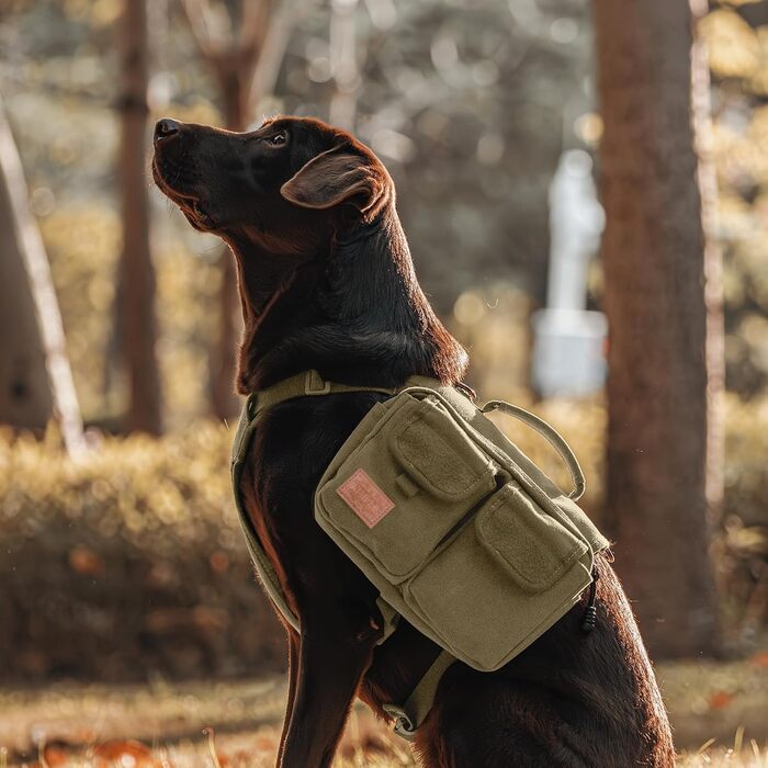 Шлейка для собак OneTigris з рюкзаком, Hoppy Camper 3.0, для кемпінгу та піших прогулянок, для середніх/великих собак, рюкзак на спину з 2 основними та 4 додатковими кишенями - Зелений (M, Коричневий)