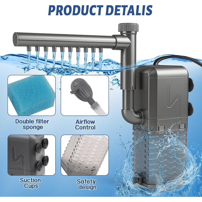 EXLECO Фільтр для акваріума 1.1M, внутрішній фільтр з 2 змінними губками, регульований фільтр для акваріумів об'ємом 20-50л, помпа-фільтр для акваріумів з розпилювачем (6W 600L/H)