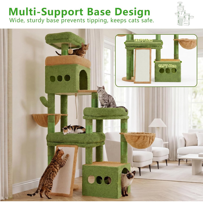 Heybly Kratzbaum HCT060MJ: Великий когтеточка для котів 184 см, 3 рівня, 2 печери, 2 кошики, сизаль, для декількох котів (Зелено-Жовтий)