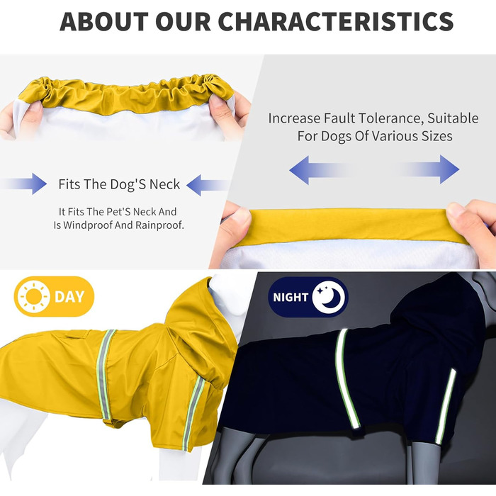 Дощовик для собак PETCUTE з капюшоном, непромокаючий, з світловідбиваючими смугами, регульований, з отвором для нашийника, для малих, середніх та великих собак (M, жовтий)