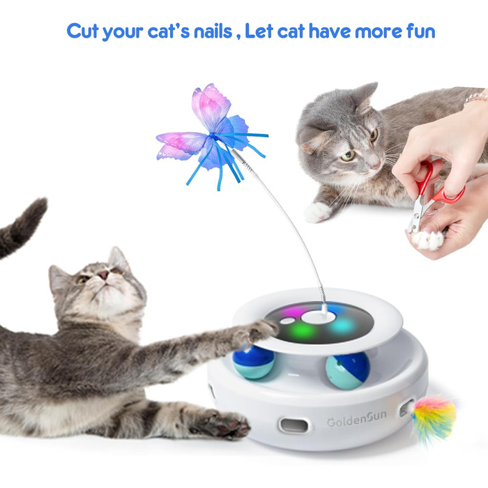 Електрична іграшка для котів GoldenSun 3-в-1: Whack-A-Mole, метелик, м'ячик. USB, 6 насадок, A-Weiß (Z 3 Schmetterling)