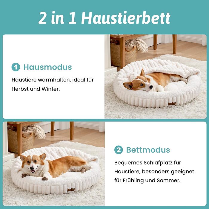 Крізьоке ліжко для собак COZY KISS з ковдрою, кругле м'яке ліжко-антистрес для собак середніх та великих порід, зручне ліжко-донат з штучним хутром та неслизьким дном (89x89x18 см, кремовий колір)