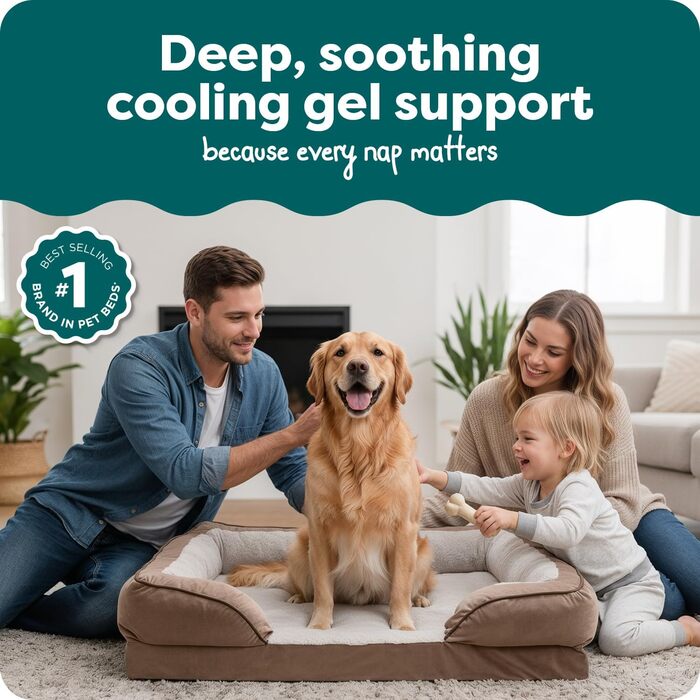 Крісло-ліжко для собак великих порід Furhaven з піною з пам'яті, знімний, пральний чохол, до 81,6 кг, ультра м'яке штучне хутро та люкс велюр, контурний матрац, XXXL (піна з охолоджуючого гелю), 102 x 81 x 24 см, хвилястий велюр, колір: коричневий камінь.