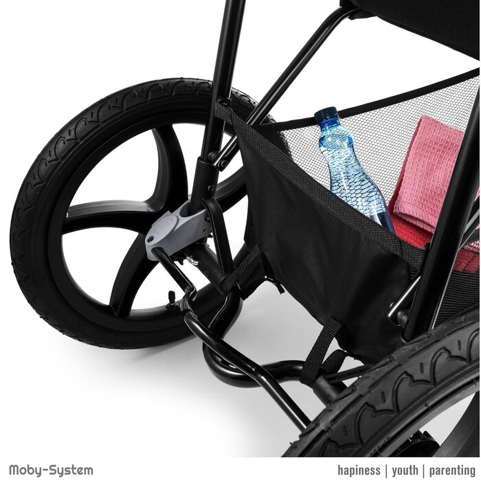 Дитяча коляска Moby-System Runner Mountain 3-колісна з дощем, вантажопідйомність 15 кг, комплект аксесуарів, 5-точкова система ременів, відбивачі, віконце та кошик для речей - Чорний