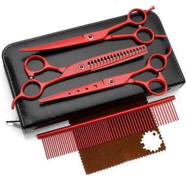 Набір для стрижки собак 4 в 1: прямі, зубчасті та вигнуті ножиці, гребінець. Підходить для собак, котів та інших тварин (червоний)