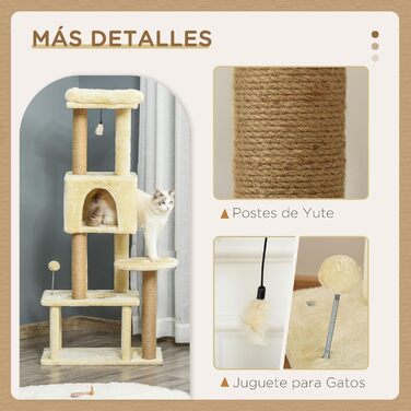 Велика дряпка для котів PawHut 60x34x136 см з платформами, знімними плюшевими будиночками, джутовими стовпчиками та підвісним м’ячиком, бежева