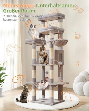 Когтеточка для котів Taoqimiao 180 см XXL, великий котячий комплекс для Maine Coon з будиночком, гамаком, платформами та 9 стійками (світло-сірий)