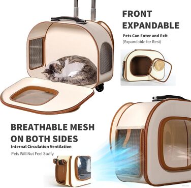 PETCUTE Рюкзак-переноска для собак та котів з колесами, складаний, з внутрішнім страхувальним ремінцем, дихаючий, для маленьких собак та середніх котів, бежевий