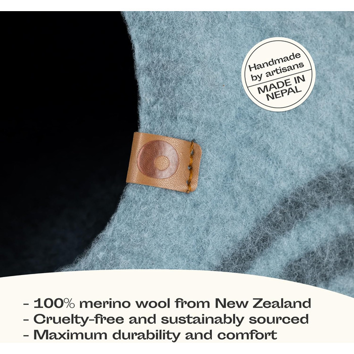 Кішечка ліжко Meowfia з 100% мериносової вовни – ручне валяння, екологічне ліжко для котів та кошенят, м'яке, тепле взимку та прохолодне влітку, стильний дизайн аквамарин блакитний L