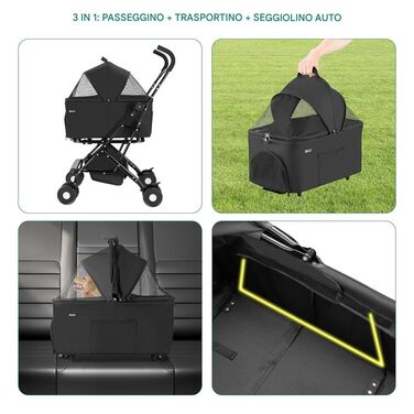 Дитячий візок для тварин BAKAJI 2 в 1, 40 кг, складний, знімний капюшон, візок для собак та котів з кошиком для зберігання (Чорний)