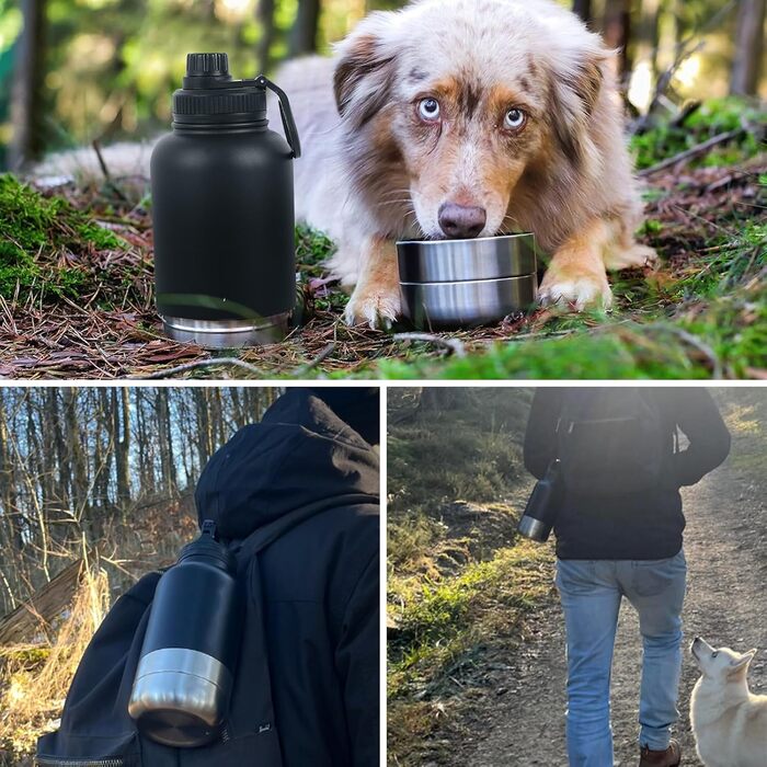 32oz (950 мл) Багатофункціональна пляшка для собак: поїльник, миска для їжі та води, з нержавіючої сталі 304, ізольована, для подорожей, активного відпочинку та прогулянок