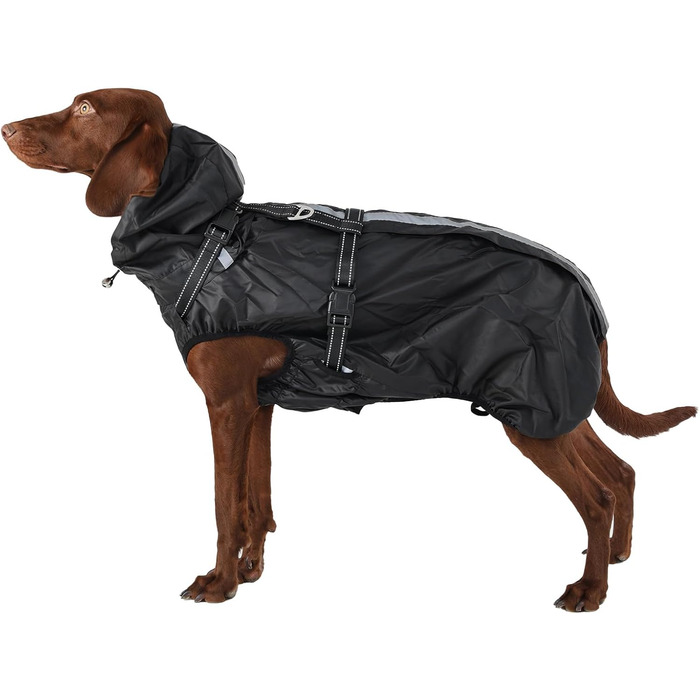 Водонепроникна куртка для собак OUOBOB з відбиваючими смугами, нагрудник H-подібної форми (D-кільце) та знімний капюшон з візором, ідеальна для середніх/великих собак [Неоновий зелений, розмір] Зелений (XXL, Чорний)