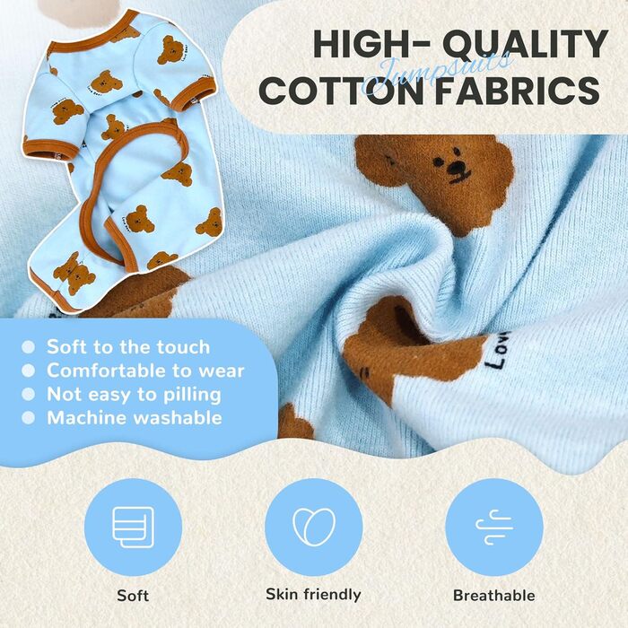 Піжама для собак AXIIJGL, бавовна, еластична, цільнокроєна, зручна, для французького бульдога, X-Large, блакитна, з малюнком ведмедика