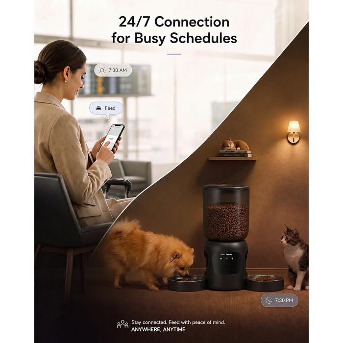 Автоматична годівниця для котів з камерою та Wi-Fi (2.4G/5GHz), керування через додаток, 5.2 л, чорна