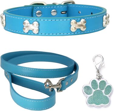 Нашийник для собак з натуральної шкіри HALFSUO, поводок Cobo, набір для малих та середніх собак та котів (L, блакитний)
