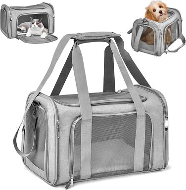Сумка-переноска для котів і собак Sprifityy 45x30x30 см, складана, дихаюча, до 7 кг, для транспортування у авто, поїзді, подорожей, сіра