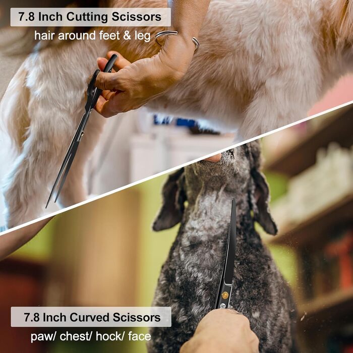 Набір професійних ножиць для грумінгу собак CIICII 10-в-1 з безпечними закругленими кінцями (для собак, котів, тварин). Підходить для стрижки, прорізування та формування шерсті. Срібно-чорний колір.