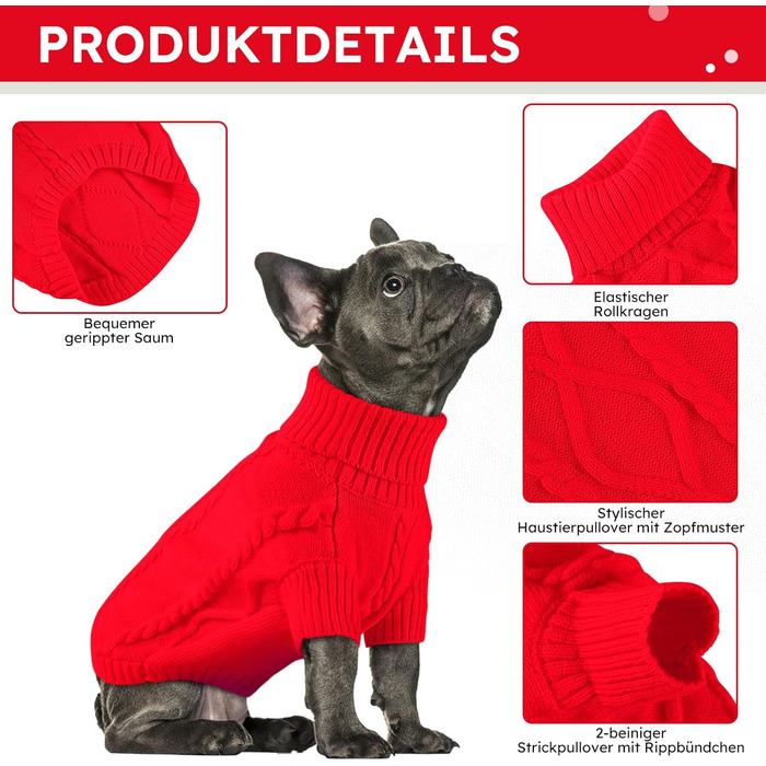 Теплий зимовий светр для собак середнього розміру Queenmore (M, червоний) - для такс, бульдогів, чихуахуа, коргі