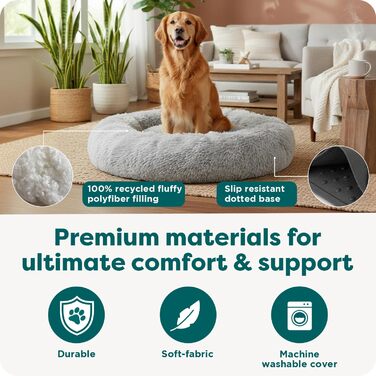 Кругла ліжко для собак Furhaven 45' XL Donut, м'яка плюшева з штучним хутром, заспокійлива, знімний чохол - сірий, розмір: 114x114x23 см