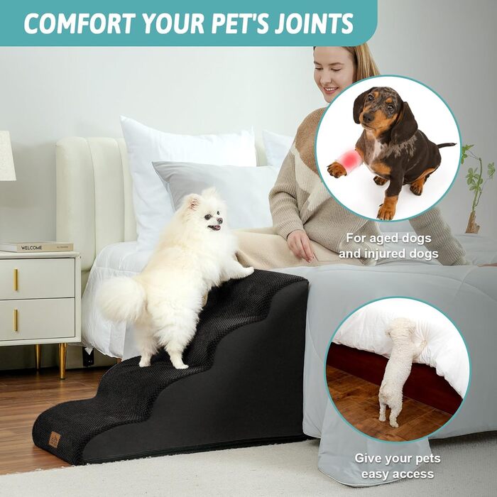 Сходинки для собак - 50 см, для маленьких собак, з високощільним губчатим матеріалом, знімний та миючий чохол, неслизьке дно, 4 сходинки, (Чорний, 4 сходинки (40x72x50 см))