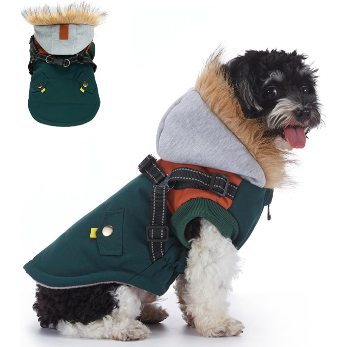 Зимовий теплий пуховик для собак з протекторними отворами, вітронепроникна куртка для холодної погоди, бавовна, костюм для цуценят, маленьких та середніх собак, розмір XL (2XL: обхват грудей 55 см, Стиль 6: зелено-коричневий)