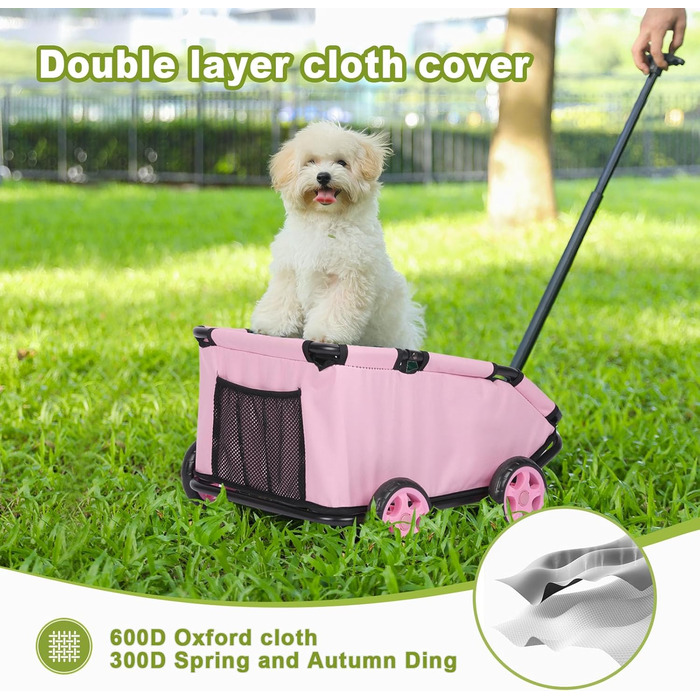Міні-візок для маленьких тварин, складний багатофункціональний візок для покупок з висувною ручкою, для прогулянок на вулиці, з вбудованим матрацом та страхувальним тросом, з кишенькою для зберігання (Рожевий)