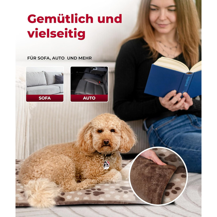 Лежак для собак HS-Hundebett® M 65x95 см, двосторонній, зручний, з 3 см наповнювачем, для дивану, авто та клітки, бежевий з лапкою, вироблено в Німеччині
