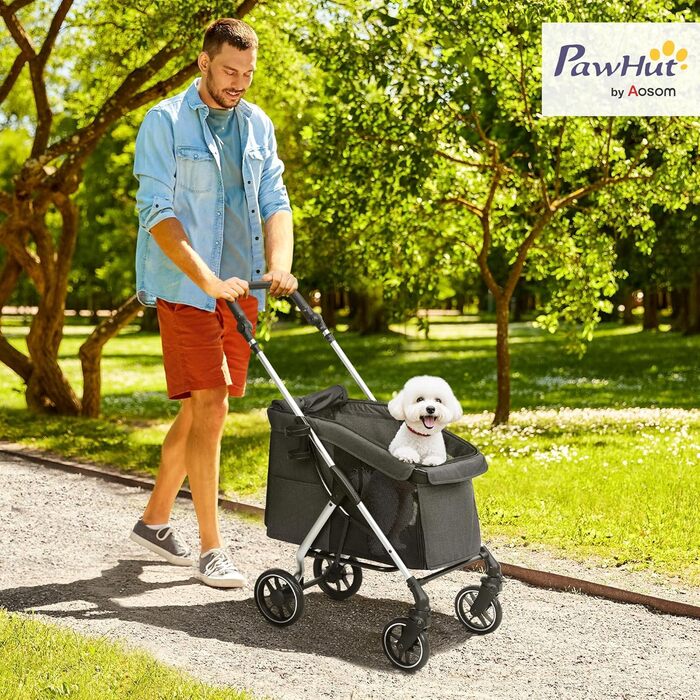 Візок для собак PawHut - легкий, складаний, з алюмінію, сірий. Для собак та котів, з подушкою, сіткою, дверима та кошиком для зберігання