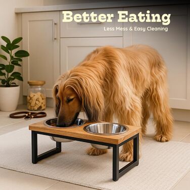 Підвищений дерев'яний стійка для собак AASPIRE PETS з 2 нержавіючими мисками – для води та корму, об'єм 0,9 л, годівниця для собак середніх та великих порід