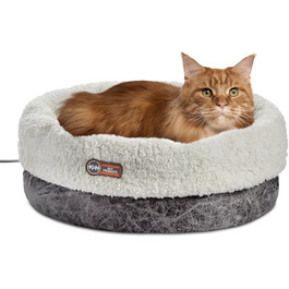 Обігріте термоліжко для котів K&H PET PRODUCTS, кругле велике сіре ліжко для котів та маленьких собак, для дому, 35,6x45,7 см