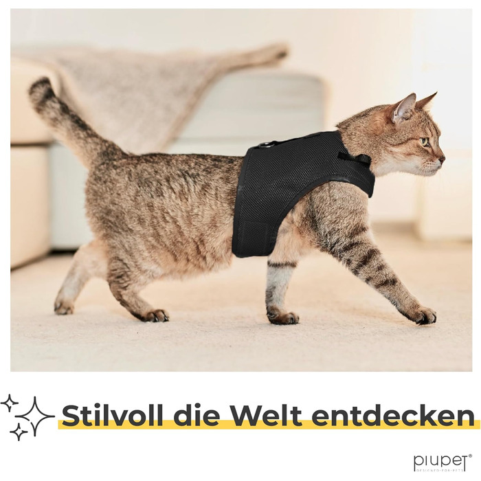 Шлейка для котів PiuPet® (S) з повідком 1,2м | Захист від втечі | Чорний колір | Розмір S (21-24см обхват шиї, 36-40см обхват грудей)