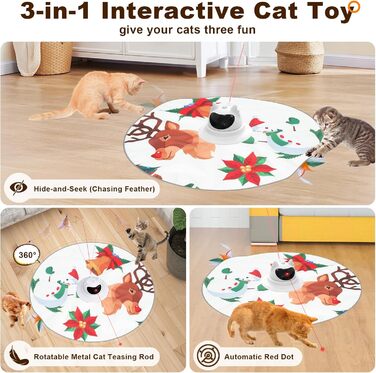 Інтерактивна іграшка для котів 3-в-1 Spessn: хованки, пір'я, лазерний вказівник. Перезаряджувана, для котів будь-якого віку. Біло-червоний дизайн (новорічний стиль)