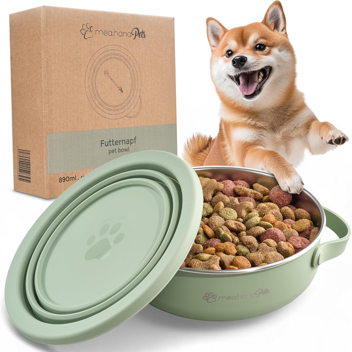 Hana Pets: Миска для годування тварин у дорогу 900 мл з кришкою - ідеальна для подорожей, на вулицю. Нержавіюча сталь, складаний силіконовий кришкою, аксесуар для собак - міцна, компактна, гігієнічна