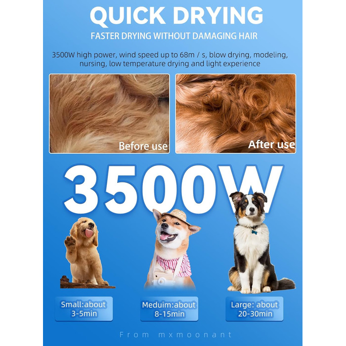 Сушарка для собак Mxmoonant 3500W з подвійним мотором - для великих і довгошерстих собак, професійний догляд за тваринами, 4 насадки та велика щітка