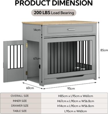 DAWNYIELD Клітка для собак, меблі, дерев'яна з відкидною дверцятами та шухлядою, стиль меблів, внутрішній вольєр для собак, стіл з поворотним миском на 360°, білий колір, біла розсувна дверцята (сіра розсувна дверцята)