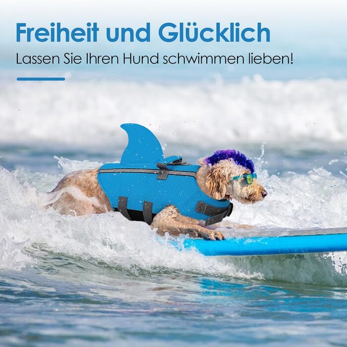 Жилет для плавання для собак AOFITEE з плавниками акули, регульований, з ручкою рятування, світловідбиваючий, синій, для малих та середніх собак