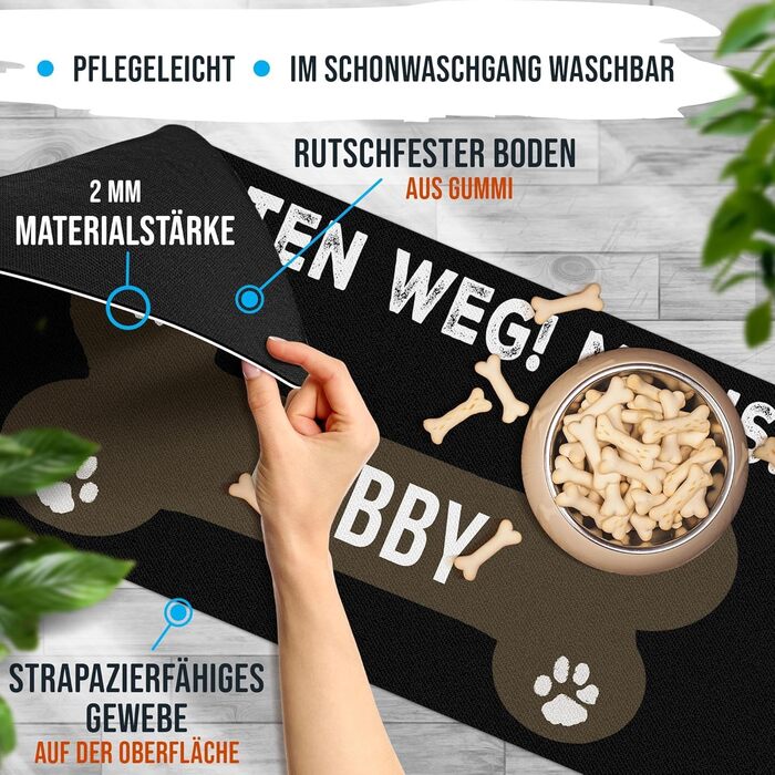 Персоналізована килимок для годування собак з ім'ям - Paw Away, Meins! - килимок для корму для собак, миючий | 90 x 40 см, нековзний
